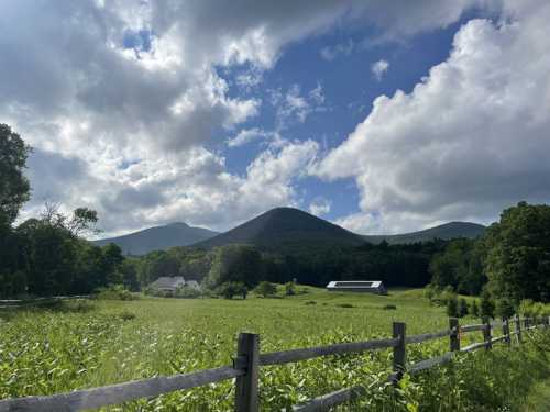 A scenic view of green fields and mountains under a partly cloudy sky, with a wooden fence in the foreground.