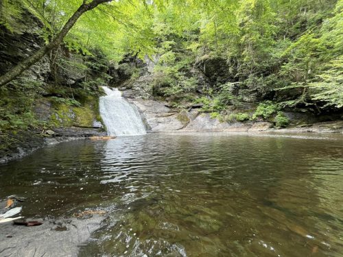 A serene waterfall cascades into a calm pool, surrounded by lush greenery and rocky cliffs.