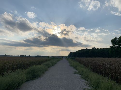 A gravel road stretches through fields, with clouds and rays of sunlight breaking through the sky above.