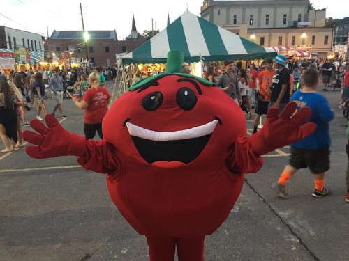A cheerful tomato mascot with outstretched arms at a lively outdoor festival, surrounded by a crowd and tents.