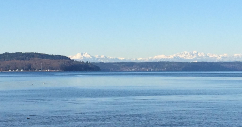 A serene view of a calm lake with distant snow-capped mountains under a clear blue sky.