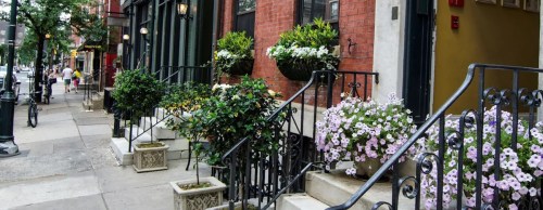 Charming street scene with flower-filled planters and steps leading to brick buildings in a vibrant neighborhood.