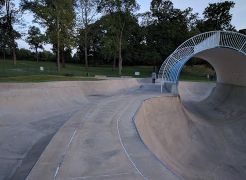 A skatepark with smooth concrete ramps and a curved half-pipe, surrounded by trees and a grassy area.
