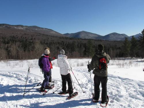 Three people in winter gear stand on snowshoes, looking at a scenic mountain view on a clear day.