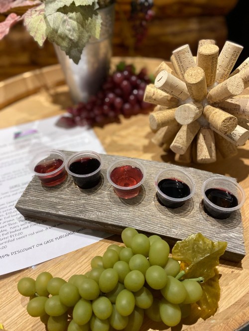 A wooden board with four cups of wine samples, surrounded by grapes and a cork centerpiece.