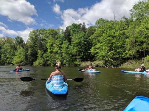 Four people kayaking on a calm river surrounded by lush green trees under a partly cloudy sky.