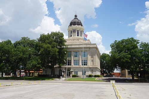 Historic courthouse with a dome, surrounded by trees and a clear blue sky with clouds.