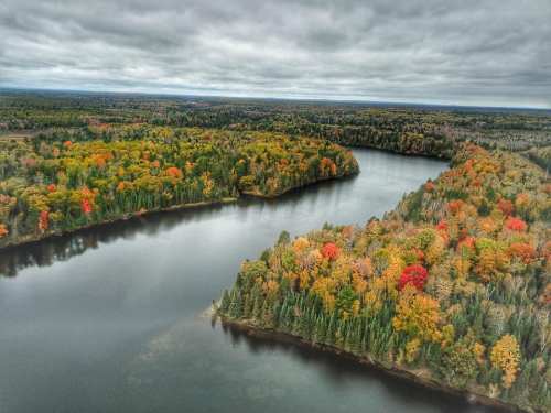 Aerial view of a river winding through vibrant autumn foliage with colorful trees and overcast skies.