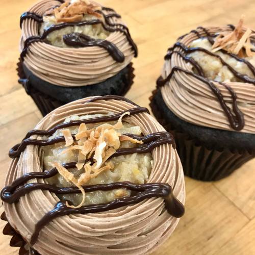 Three chocolate cupcakes topped with coconut frosting, drizzled with chocolate and sprinkled with toasted coconut.