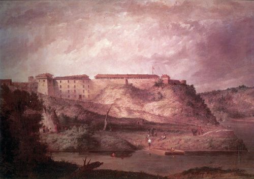 A historic landscape painting depicting a fort on a hill, with figures by a river and a cloudy sky.