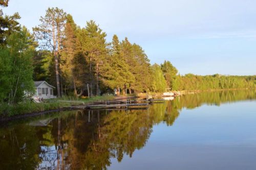 A serene lake scene with trees and a cabin, reflecting in calm water under a clear sky.
