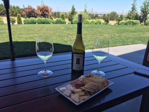 A table with two glasses of white wine, a bottle, and a platter of assorted cheeses and meats, set against a green landscape.