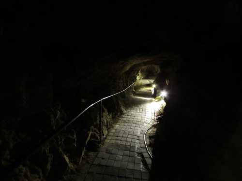 A dimly lit cave pathway with stone tiles and lights illuminating the way.