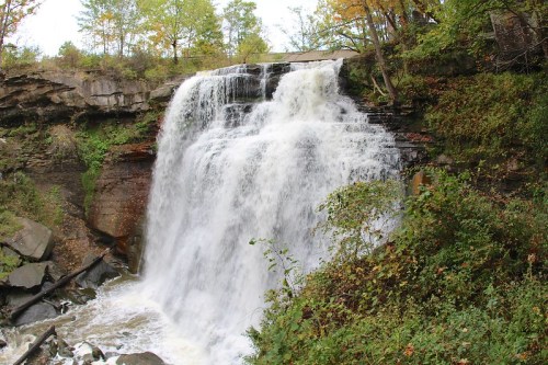 A cascading waterfall surrounded by lush greenery and rocky terrain, with autumn foliage in the background.