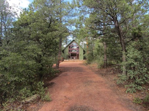 A green A-frame house surrounded by trees, with a gravel path leading up to it.
