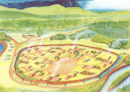 Illustration of a circular ancient village with huts, surrounded by a wooden fence, near a river and hills.