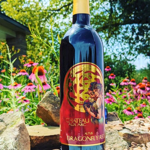 A bottle of Chateau Aux Arc Dragonfly Red wine surrounded by colorful flowers in a garden setting.