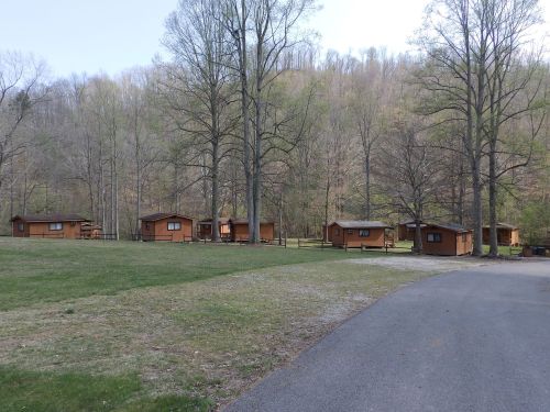 A row of wooden cabins surrounded by trees and grass, with a paved road leading through the area.