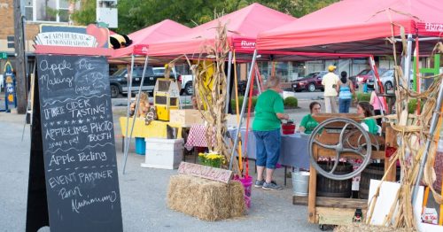 A vibrant outdoor market scene with tents, vendors, and a chalkboard sign advertising apple pie and cider tasting.
