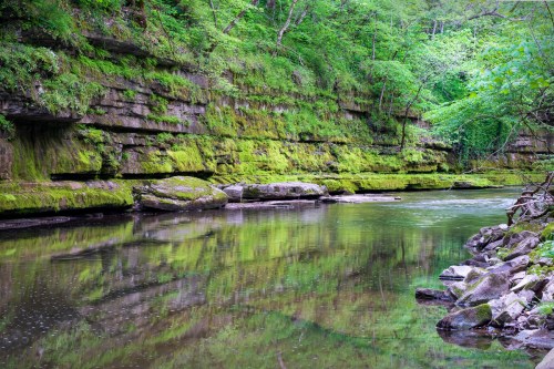 A serene river flows past moss-covered cliffs, surrounded by lush green trees and reflected in the calm water.