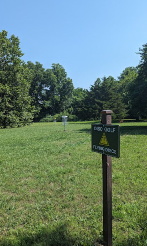 A sign for disc golf stands in a grassy area with trees and a disc golf basket in the background under a clear blue sky.