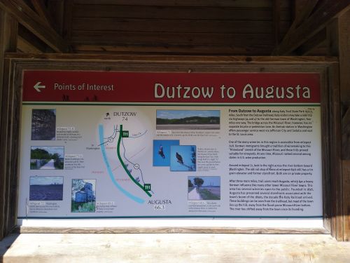 Signboard detailing points of interest along the route from Dutzow to Augusta, featuring maps and images of the area.