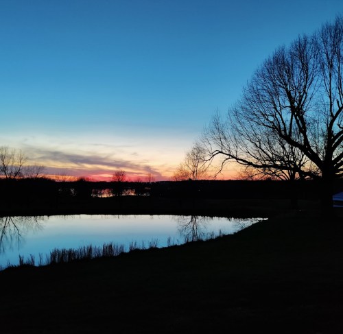 A serene sunset over a calm lake, with silhouetted trees and vibrant colors in the sky.