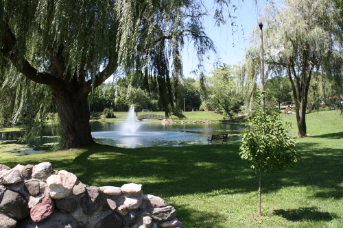 A serene park scene featuring a pond with a fountain, surrounded by lush greenery and willow trees.