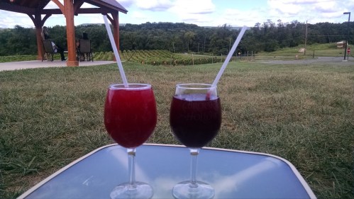 Two colorful drinks in glasses with straws sit on a table, overlooking a scenic vineyard and green landscape.