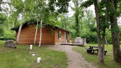 A wooden cabin surrounded by trees, with a deck and picnic table in a grassy area.