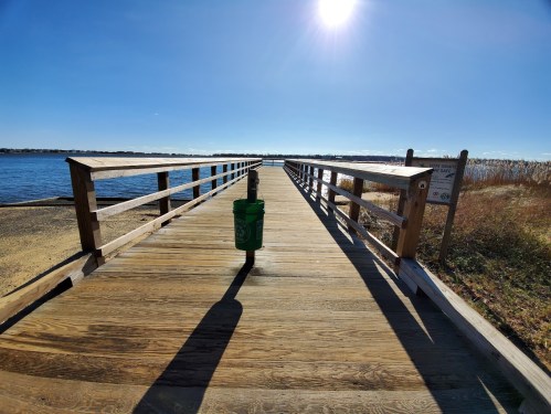 A wooden pier extends over calm water, with a green trash bin in the center and a bright sun overhead.