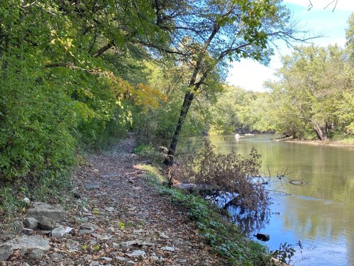 A serene riverbank lined with trees and a rocky path, reflecting a peaceful natural landscape.