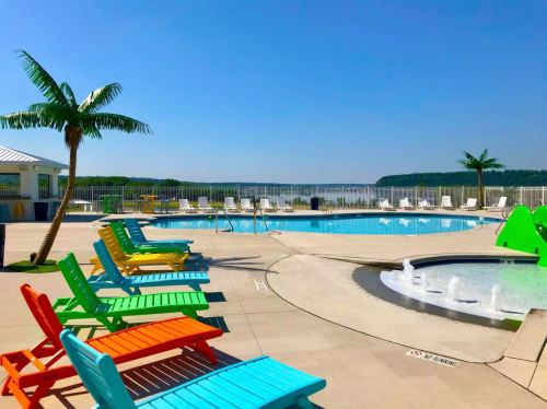 Colorful lounge chairs surround a pool with a fountain, palm trees, and a scenic view of the water in the background.