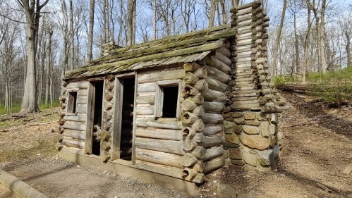 A rustic log cabin with a stone chimney, surrounded by trees in a wooded area.