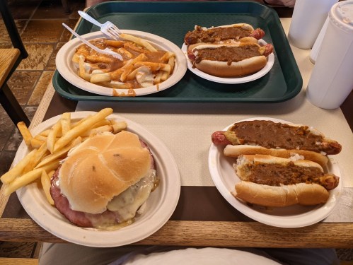 A tray with two hot dogs topped with chili, a burger with cheese, and a plate of fries with gravy.
