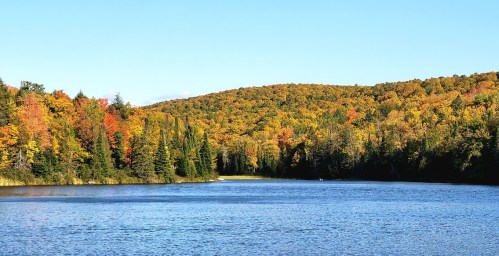 A serene lake surrounded by vibrant autumn foliage and rolling hills under a clear blue sky.