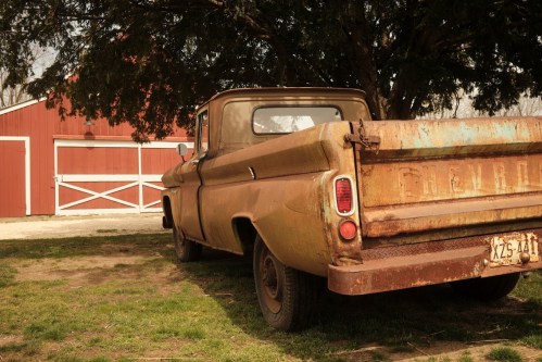 A rusty vintage pickup truck parked on grass near a red barn with white doors.