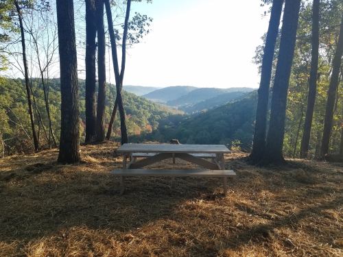 A picnic table sits on a hillside surrounded by trees, overlooking a scenic valley and distant mountains.