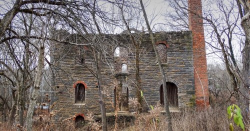 Ruins of a stone building surrounded by bare trees and overgrown vegetation, with a brick chimney still standing.