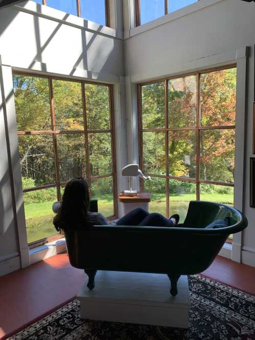 A person relaxes in a green bathtub chair by large windows, overlooking a scenic view of trees and a pond.