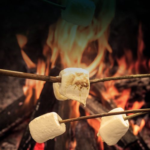 Marshmallows roasting over a campfire, with flames and smoke in the background.