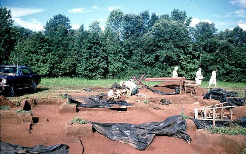 Archaeological dig site with workers, a car, and tarps covering excavated areas, surrounded by trees and blue sky.