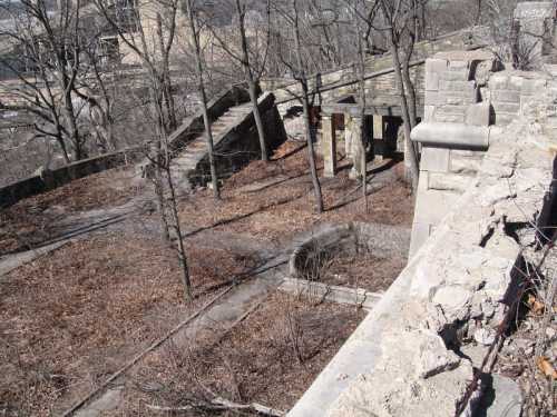 Overgrown ruins with stone walls and stairs, surrounded by bare trees and fallen leaves in a desolate landscape.