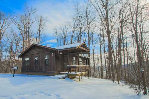 A cozy wooden cabin surrounded by snow-covered trees under a bright blue sky.