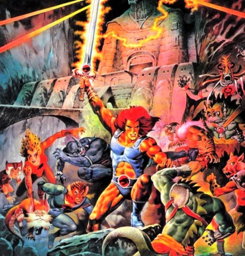 A dynamic scene featuring Lion-O wielding a sword, surrounded by various Thundercats characters in an epic battle.