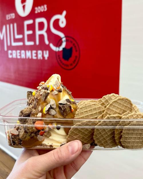 A hand holding a cup of soft serve ice cream topped with candy and accompanied by waffle cookies, against a red background.