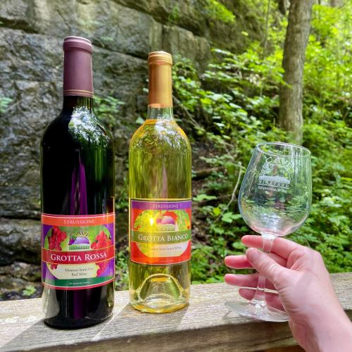 A hand holds a wine glass next to two bottles of wine, Grotta Rossa and Grotta Bianco, in a lush green setting.