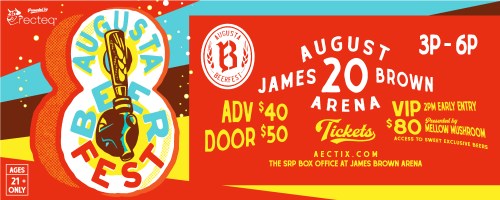 Colorful banner for Augusta Beer Fest on August 20, featuring ticket prices and event details. Ages 21+.