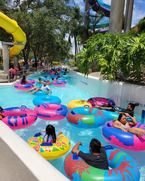A vibrant water park scene with colorful inner tubes floating in a lazy river, surrounded by lush greenery and slides.