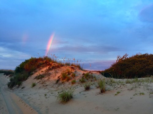 A sandy dune with green grass under a colorful sky featuring a faint rainbow.